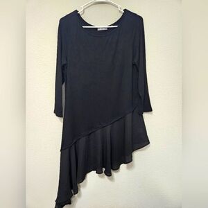 Neiman Marcus large black 3/4 sleeve asymmetrical hem mini-midi dress cotton